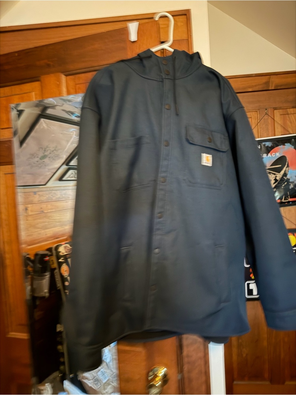 Carhartt Navy Blue Hooded Fleece Lined Rain Jacket with Logo Patch